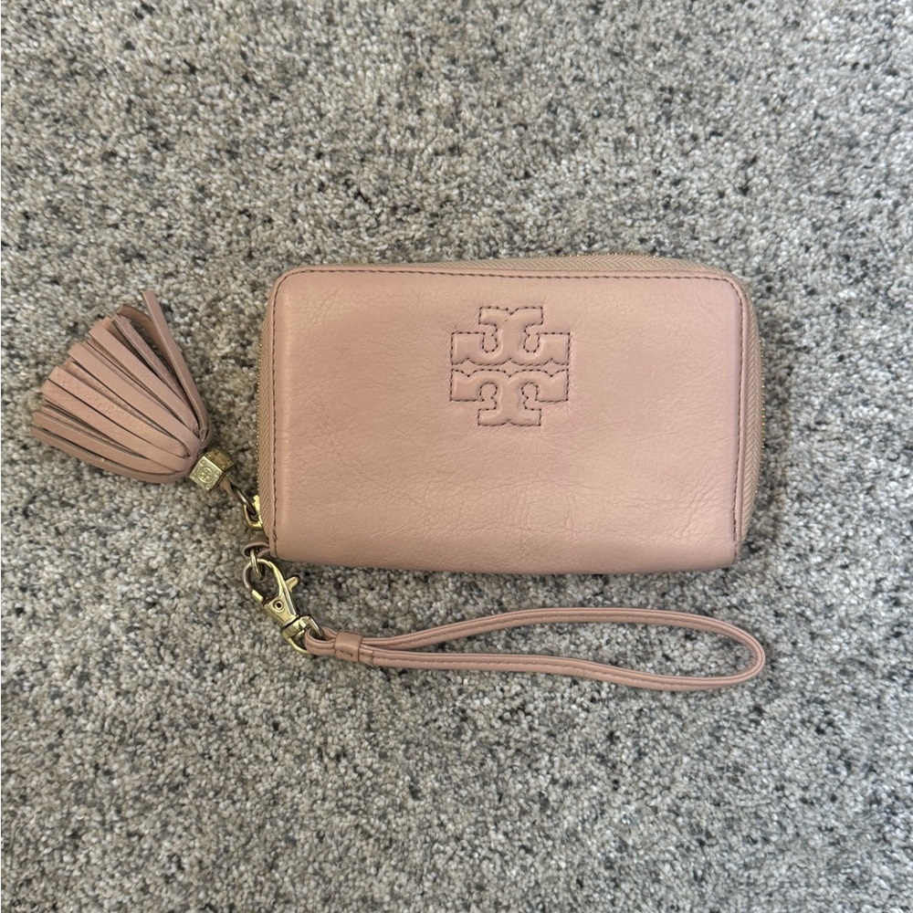 Tory Burch Leather Pink Wristlet Wallet with Tassel